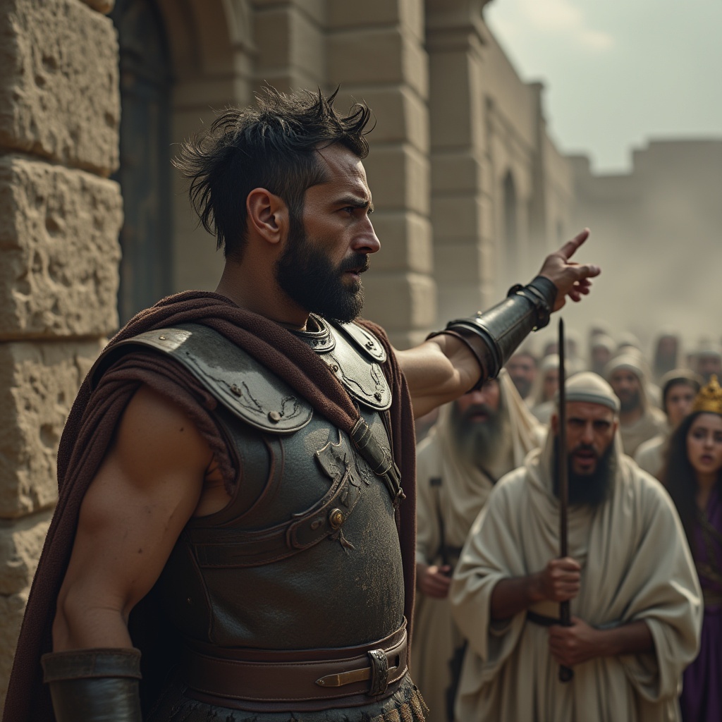 AI generated image by FLUX.1-pro: "Ultra-detailed 8K shot, Jehu, a 35-year-old man, weathered tan skin, messy black hair, trimmed beard, fierce dark eyes, worn leather armor, brown tunic, gleaming drawn sword, standing before a stone palace, pointing at a high window, Jezebel pushed by eunuchs in white tunics, nervous sweaty faces, Jezebel’s purple dress billowing, small golden crown wobbling, dark gray sky, swirling dust in the air, 9th century BC, tense cinematic style with hyper-realistic textures in skin, metal, and stone."