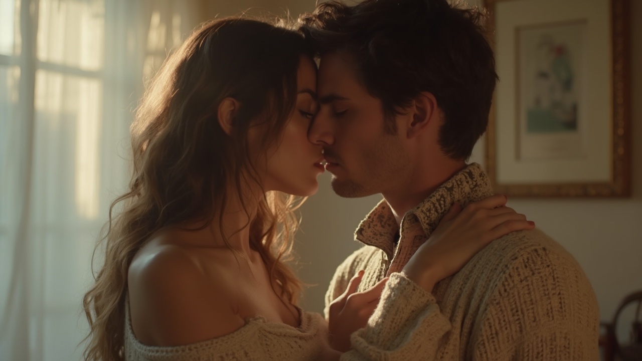 AI generated image by FLUX-Realism-Lora: chica sexy, sweater only, without clothes down, half open sweater, seductive look, seduction, biting half of his lips