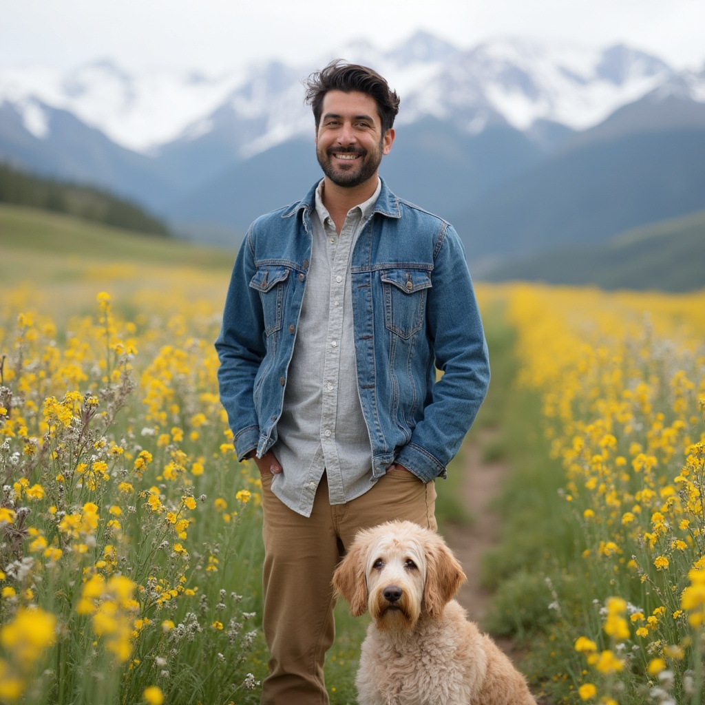 AI generated image by FLUX-Realism-Lora: A photorealistic picture of a 38 year old indian American man standing in a field full of wildflowers in Telluride, CO with snow capped mountains visible in the background. He is wearing a blue denim jacket, white button down shirt and khakis. He has a tan and white Goldendoodle sitting at his feet.