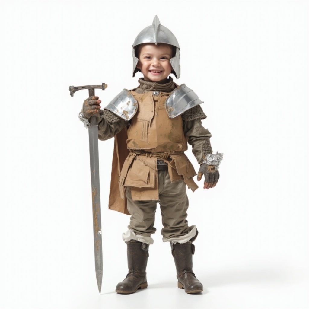 AI generated image by FLUX-Realism-Lora: A photorealistic image of a young child with white skin, standing proudly and smiling in a creative, homemade costume made entirely from DIY store materials. The costume includes a cardboard chest plate, duct-taped shoulder armor, a plastic bucket helmet with cut-out visor, and a makeshift sword made from PVC pipes and aluminum foil. The child wears gardening gloves as gauntlets and rubber boots as medieval footwear.

The costume is slightly rough but full of creativity, showing visible tape, paint, and hand-crafted details, giving it a charming DIY feel. The child has a joyful and confident expression, standing in a proud knightly stance, excited for the school party tomorrow.

The background is completely white, making the image clean and professional while focusing on the child and their homemade armor. The lighting is soft and even, enhancing the realistic and high-quality photography effect. The image should be ultra-realistic, capturing every detail of the materials, facial features, and textures to create a charming, lifelike scene
