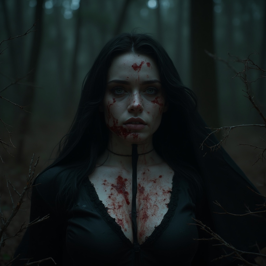AI generated image by FLUX-Realism-Lora: She the most beautiful vampire girl and she is shot to dead by many enemies. Lot of details, high quality, 15k, View from far away on the vampire girl dying, Real wounds. Ultra realistic photo, Middle European girl, Perfect face, lips, mouth and whole sexy body. She is knelling wounded in the dark forest. Black tight latex suit unzipped, 21 years old, Cute face in shock of being wounded, Heart shot, hourglass body, Most beautiful female, great and perfect sexy body, Perfect face, big full lips, long legs, dark hair, nice blue eyes. She is shot in her chest by the sniper right in her heart, kill shot. Bloody wounds on her chest. Blood everywhere. Bloody bleeding wounds. Dark bloody bullet holes on her chest. She is shot 5 times in her chest. Many bloody bullet wounds on her chest. Big boobs