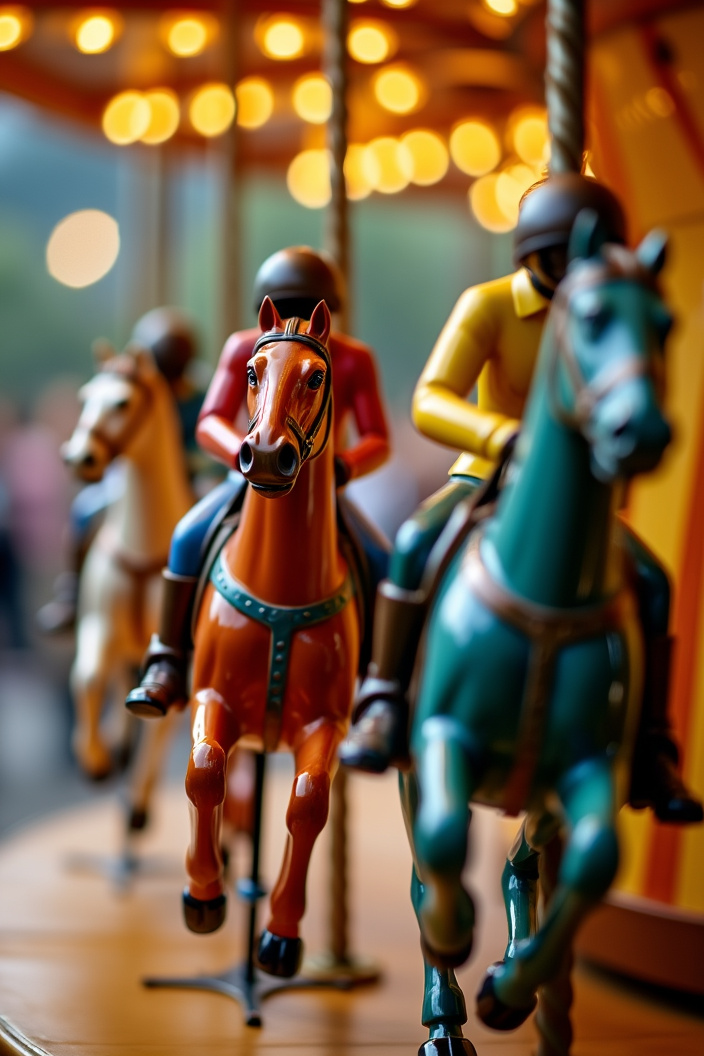 AI generated image by FLUX.1-pro: A closeup photo of real racing jockeys riding carousel plastic horses. The race contest is very intense and dramatic. Depth of field. Motion blur. Backlight 