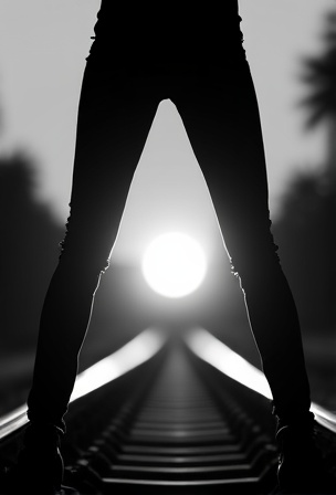 AI generated image by FLUX.1-image-to-image: The bnw silhouette of a woman's wide spreaded legs stands on railroad tracks.  A train spotlight from the background shines between her legs.