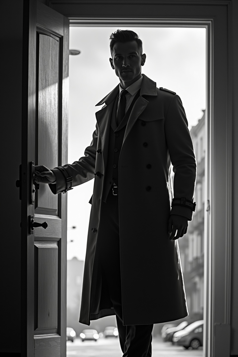 AI generated image by FLUX.1-image-to-image: black-and-white photo with the backlit dark silhouette of a handsome broad-shouldered man in a trench coat standing in a doorway coming and looking to camera. 
The man touching the door, as if he just entered the room. God rays. Backlight. Overexposed street background 