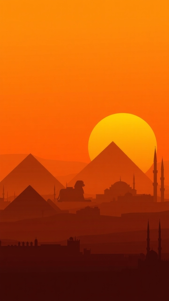 AI generated image by FLUX.1-schnell: A golden sunset vector illustration of Cairo skyline with the Pyramids, Sphinx, and mosque silhouettes, warm golden-to-brown gradient sky, desert haze, flat minimal style, 9:16 aspect ratio.