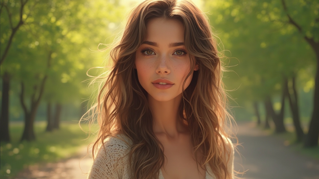 AI generated image by FLUX-Realism-Lora: Create a realistic portrait of a young woman with soft facial features, long flowing hair, and a serene expression. She has warm brown eyes, smooth, glowing skin, and is dressed in a casual yet stylish outfit, such as a light sweater and jeans. The setting is outdoors in a natural environment with soft sunlight filtering through lush green trees. The overall tone of the image is warm and inviting, with intricate details in her hair strands and subtle shadows on her face for realism