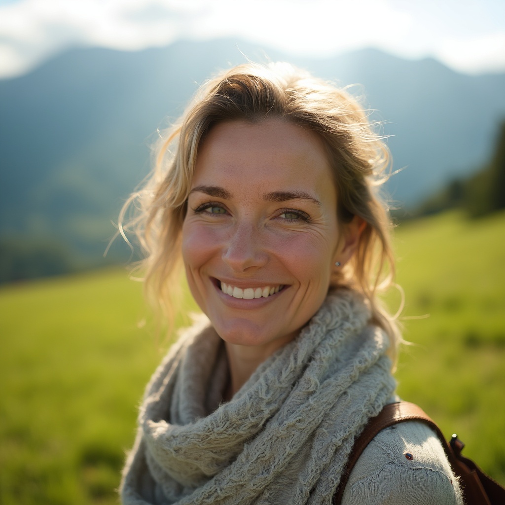 AI generated image by FLUX-Realism-Lora: A close-up portrait of a smiling 35 year old woman wearing a light, casual scarf around her neck, standing against a backdrop of a lush green Alpine meadow with distant mountains. The scene is captured in natural daylight, with the soft, warm sunlight gently illuminating her face and the vibrant green surroundings. The image is shot with a Nikon Z7 II, 50mm f/1.4 lens, featuring neutral tones that highlight the serene and natural beauty of the setting.