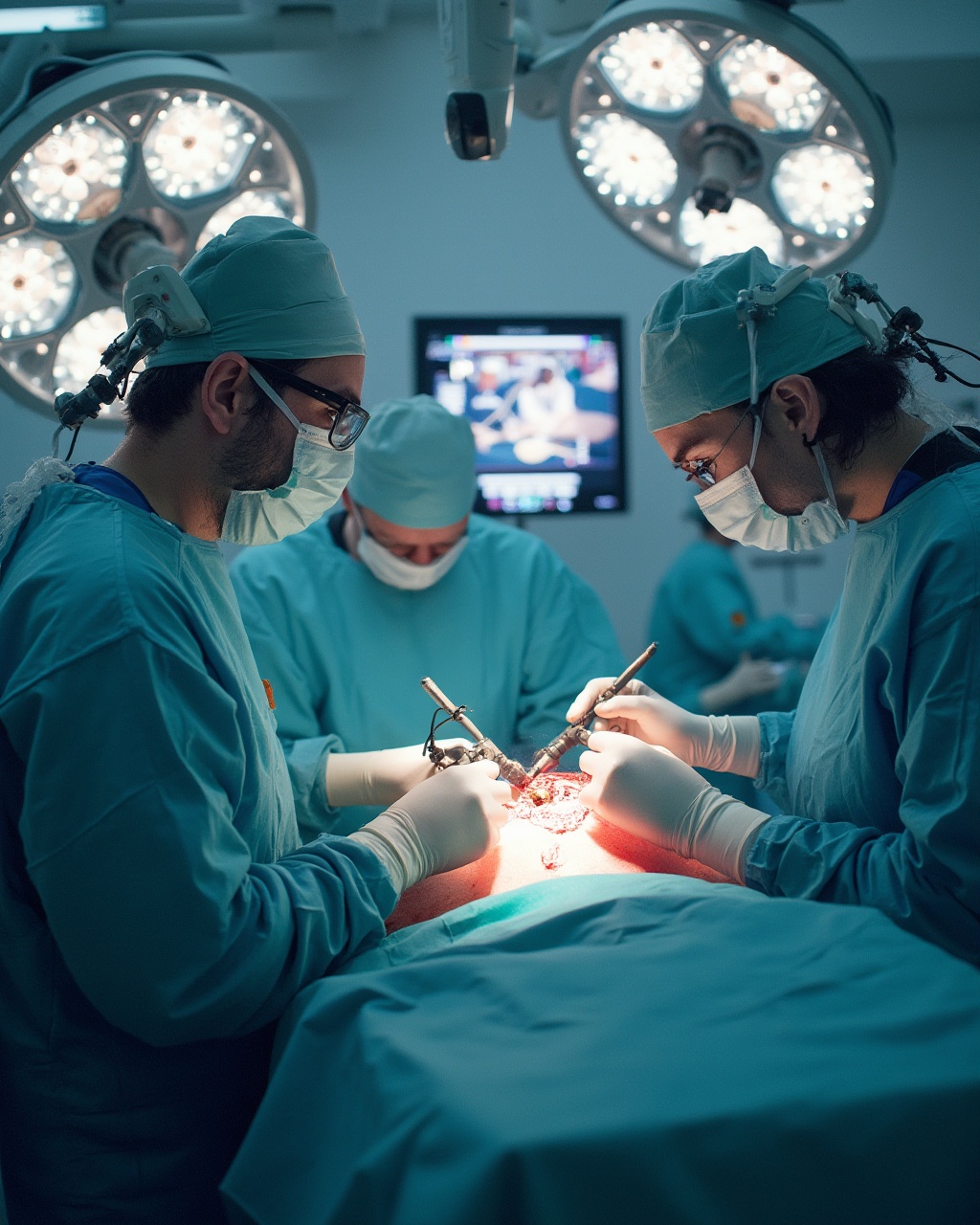 AI generated image by FLUX-Realism-Lora: A team of surgeons performing a delicate procedure using robotic surgical equipment in a high-tech operating room. The scene shows small incisions being used, with robotic arms equipped with precision instruments working on the patient. The surgeons are focused and dressed in full sterile attire, including scrubs, gloves, and masks. Large monitors display detailed magnified visuals of the internal operation. The operating room is brightly lit, with a modern and sterile design, highlighting advanced medical technology and a professional atmosphere.