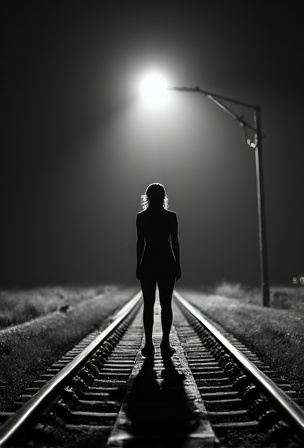 AI generated image by FLUX.1-image-to-image: A black-and-white central compositioned closeup photo at night. The silhouette of a woman's wide spreaded legs stands with her back to the camera on railroad tracks, facing the background. A train spotlight from the background shines between her legs. dramatic backlit lighting