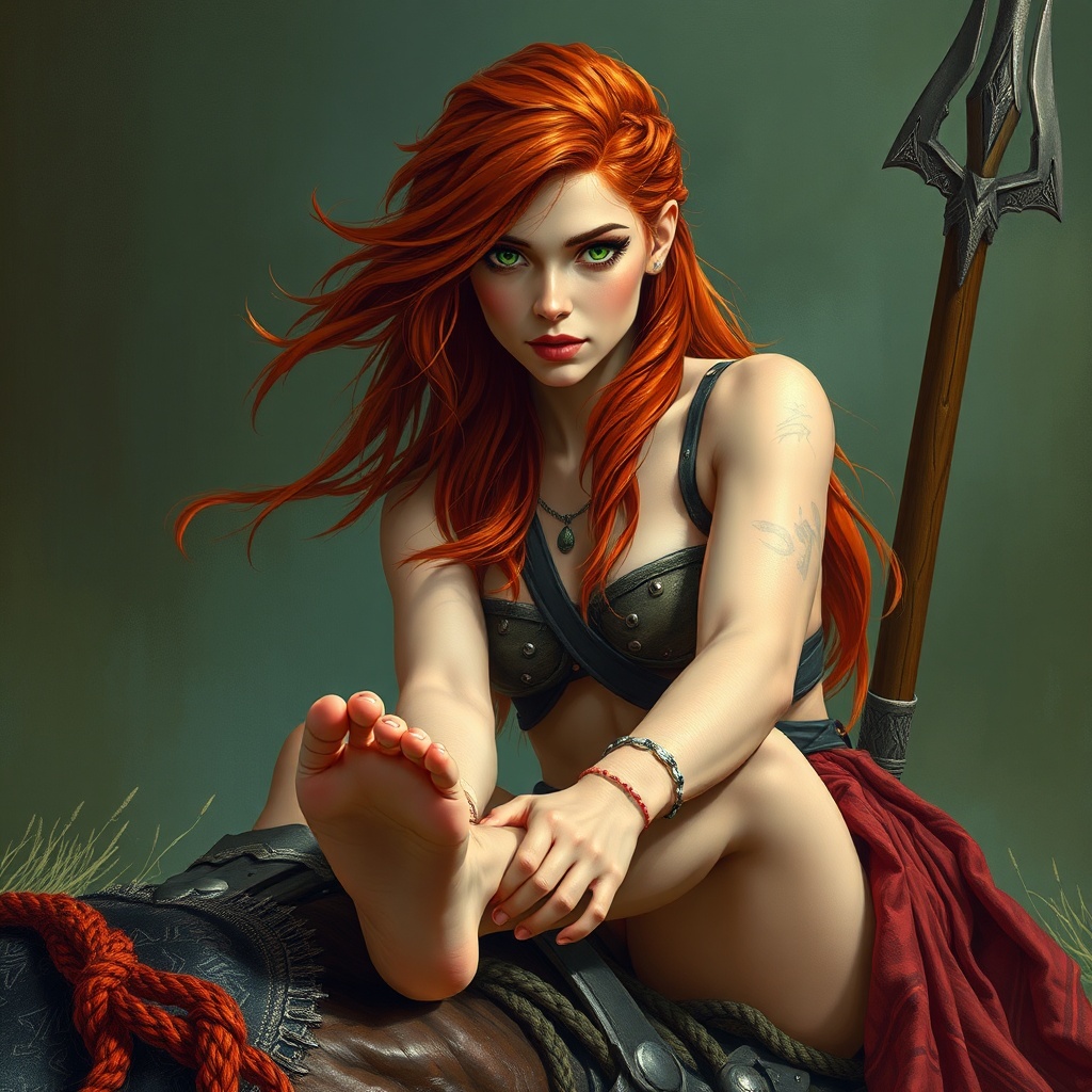 AI generated image by FLUX.1-schnell: Generate a beautiful green eyed red haired warrior with bare breasts with her foot resting up on a slain viking.
