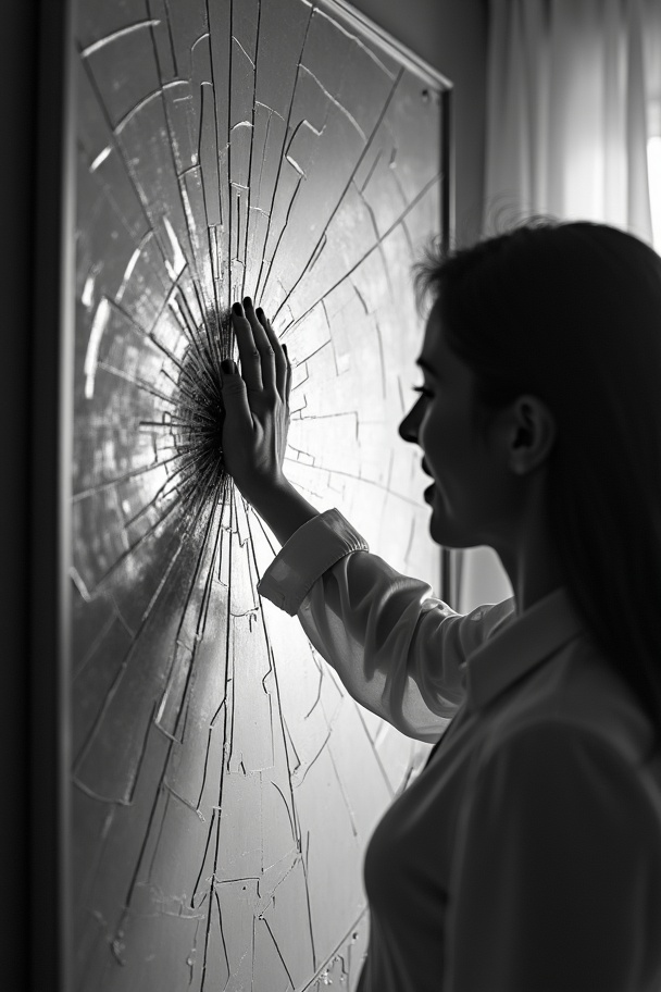 AI generated image by FLUX.1-image-to-image:  a black and white photo of a woman touching a shattered mirror, with cracks radiating from the reflection of her screaming mouth. Dramatic low-key lighting. Backlight. 