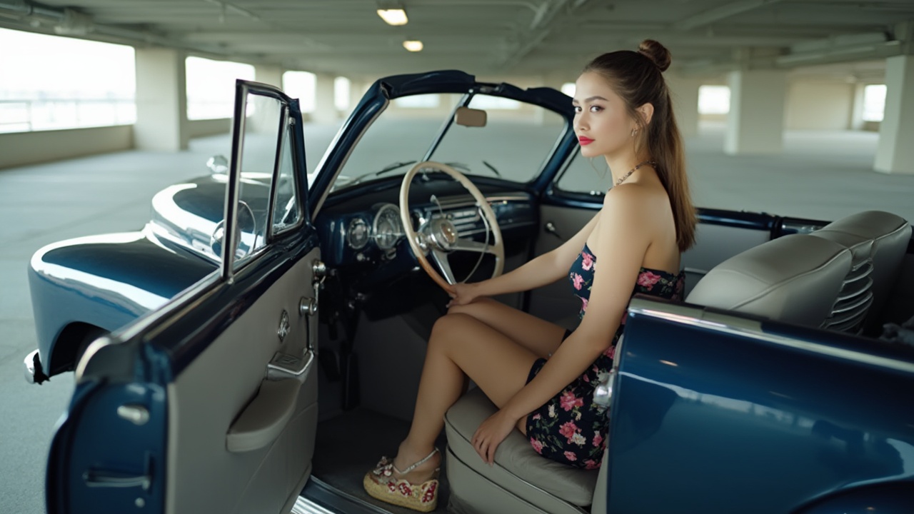 AI generated image by FLUX-Realism-Lora: Bright indoor garage under upscale office building. Dark blue 1948 Chevrolet convertible with the top down sitting in a parking space with passenger side door open. Bench seat covered in light grey leather. Light grey carpet.  Gorgeous very petite (150 cm. tall) young woman about 30. Short stature, hourglass figure. Long brown hair in a bun. Bright red lipstick eye makeup. Slight smile. Sleeveless, strapless tube minidress with floral design on dark background. Straw-covered ultra high wedge slides with floral accent on vamp. Woman sitting in driver’s seat facing front. Feet on the floor. Camera positioned just behind and above driver's left shoulder. Camera focused on pedals and feet.  Pedals visible. 