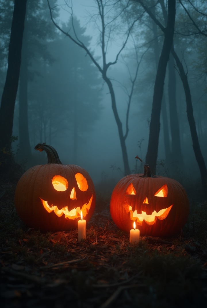AI generated image by FLUX-Realism-Lora: two Halloween pumpkins in the forest, candles burning in the pumpkins, autumn forest, thick fog, twilight, film photography