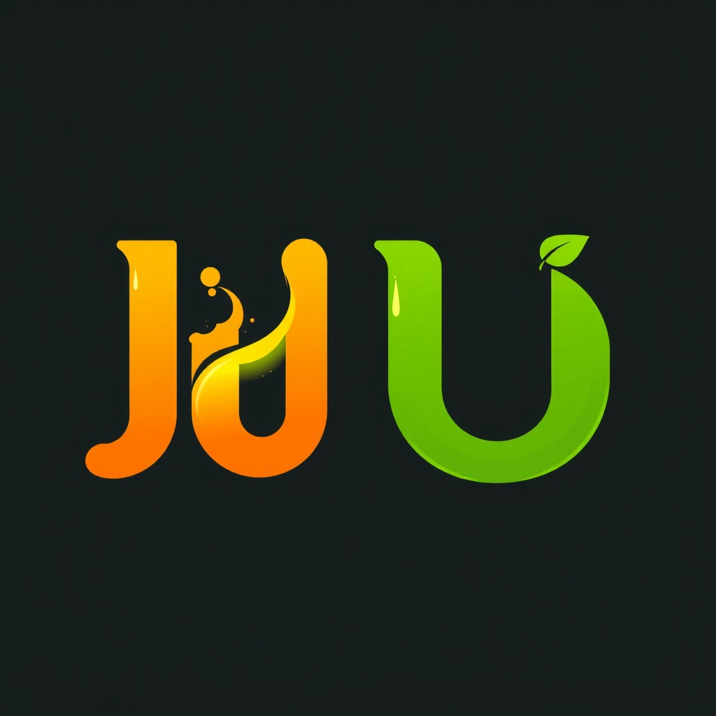 AI generated image by FLUX.1-schnell: An elegant "JU" monogram for "Jooz Up" with bold, rounded letters. The "J" features an orange gradient and a subtle juice splash, while the "U" is lime green with a small leaf detail at the top. The design is simple yet iconic, perfect for premium branding. The overall feel is modern, fresh, and full of energy