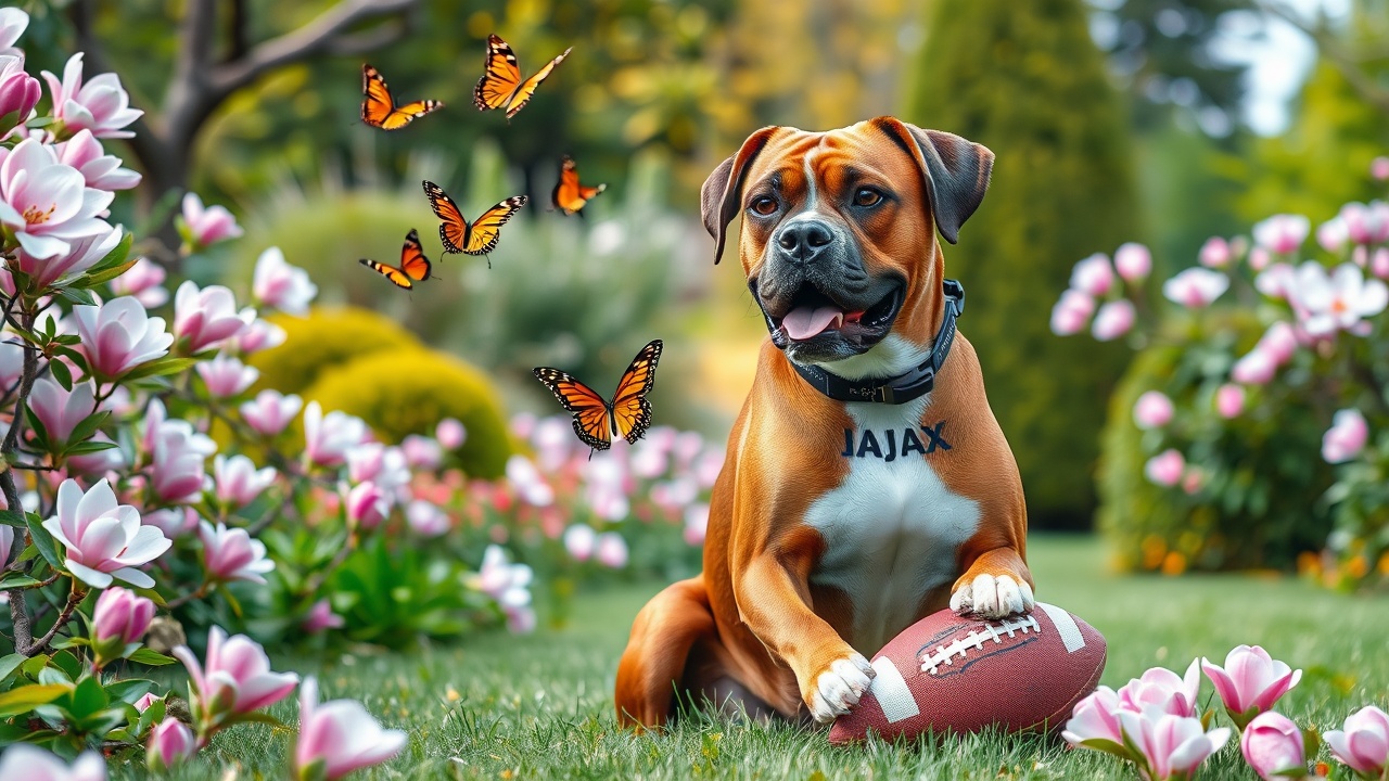 AI generated image by FLUX.1-schnell: A beautiful full body image of a brown boxer dog with  Ajax on it's collar, he is all brown with a white chest and white front paws , he sits happy in a pink magnolia flower  garden with  butterflies flying and a detailed american football under it's front paw, surrounded by beautiful flowers, bushes, trees and greenery just curiously looking at the butterfly.







