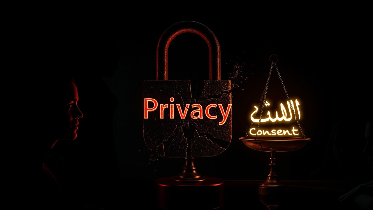 AI generated image by FLUX.1-schnell: "Conceptual artwork showing a lock of 'Privacy' breaking into pieces, women silhouettes surrounded by shadows of predators, balance scales glowing with the word 'Consent', Islamic symbol warning against the practice, dark dramatic tone."