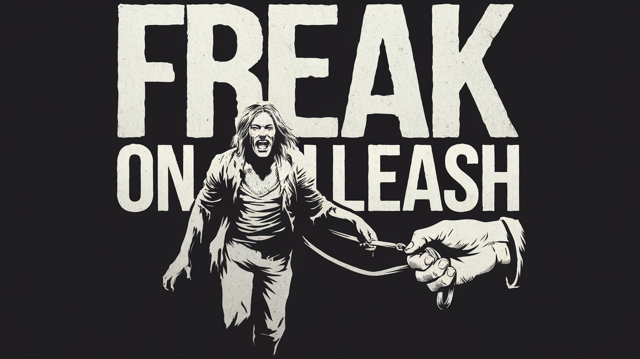 AI generated image by ideogram 2.0: A logo for the horror movie company "Freak On Ai Leash" that is inspired by a creative interpretation of what it means to be a freak on a leash