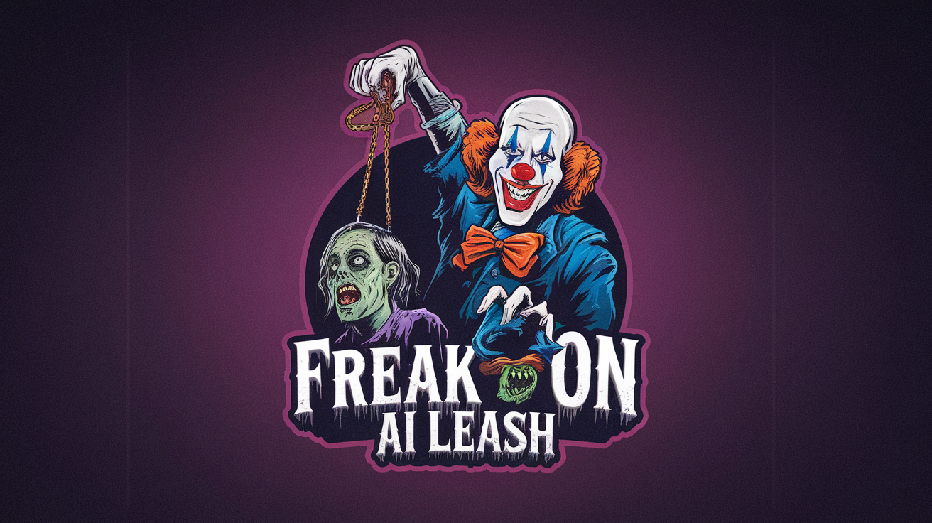 AI generated image by ideogram 2.0: A logo for the horror movie company "Freak On Ai Leash" that is inspired by a creative interpretation of what it means to be a freak on a leash