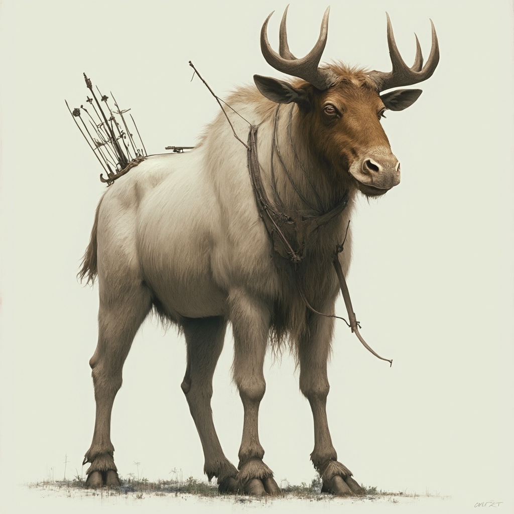 AI generated image by FLUX-Realism-Lora: A very tall, muscular, white-skinned humanoid being with the head of a moose, legs of a goat, a bow on his back, and a quiver. His head is brown