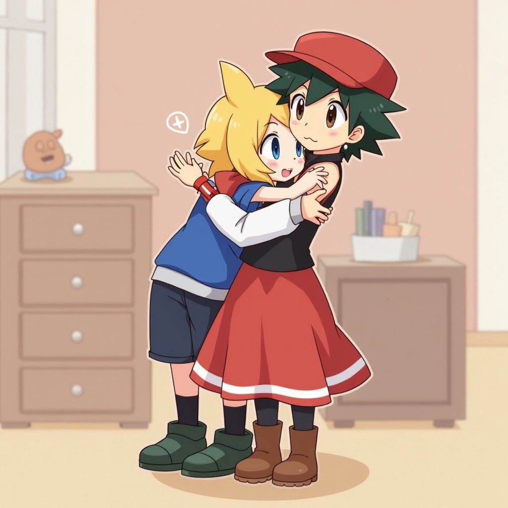 AI generated image by FLUX.1: Girl1 Serena-blue eyes, short length honey hair, red skirt with white stripes, black, turtleneck, sleeveless sweater, brown boots, black stockings, black hat, red bow earrings, red bracelet right arm.)   )boy1 Ash Ketchum-brown eyes, blue vest, dark blue shorts, black, green, shoes, red hat. Hugging each other at home.