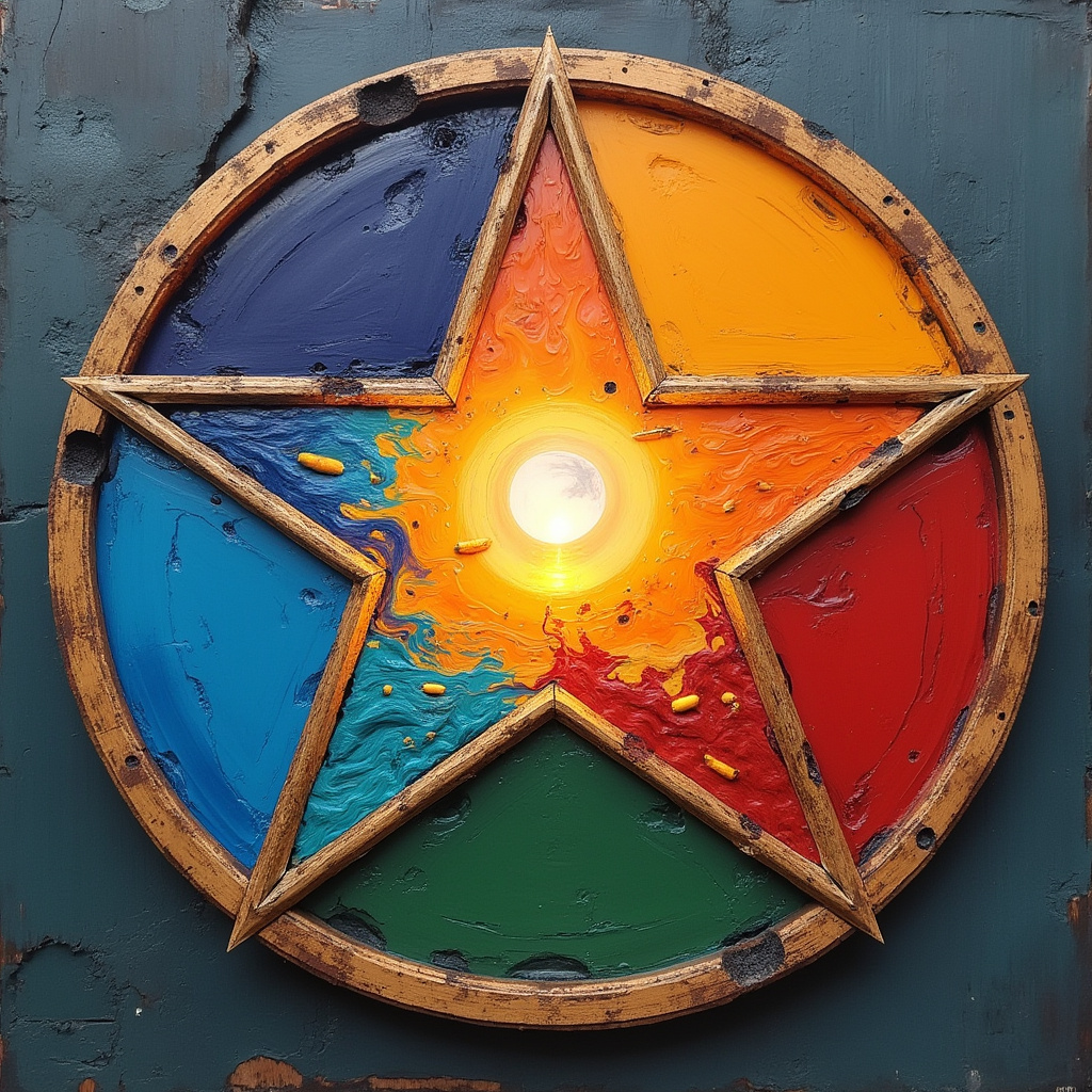 AI generated image by FLUX.1-pro: haz un pentagono con el fuego, agua, tierra, aire y rayo