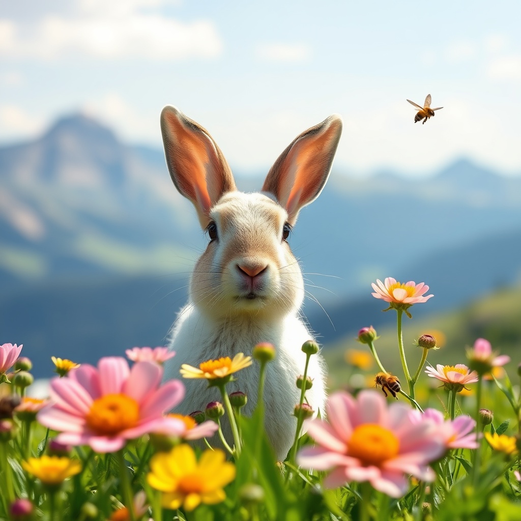 AI generated image by FLUX.1-schnell: Süßer Weißer Hase in einem Gelb, Pink grünen Blumenfeld vor Alpenpanorama an einem sonnigen Tag an dem schon Bienen fliegen