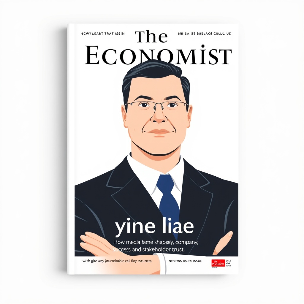 AI generated image by FLUX.1-schnell: Create a magazine cover in the style of The Economist, featuring a bold, minimalist design with a clean white background The cover story headline should be: "ЗВЕЗДА ГЕНДИР"

Include a striking, modern illustration or stylized portrait of a confident CEO figure — gender-neutral, professional, with subtle facial dominance features, evoking authority and charisma. Use a limited color palette with red, black, white, and soft blue accents, reflecting The Economist’s visual identity.

Add a smaller subheadline below: "How media fame shapes leadership, company success, and stakeholder trust".

Keep the layout clean and organized, with a balanced composition and clear hierarchy of text. Avoid clutter; focus on readability and impact.

Include a small date and issue number in the top right corner, and a barcode placeholder at the bottom right.

Overall mood: authoritative, sophisticated, modern business journalism.