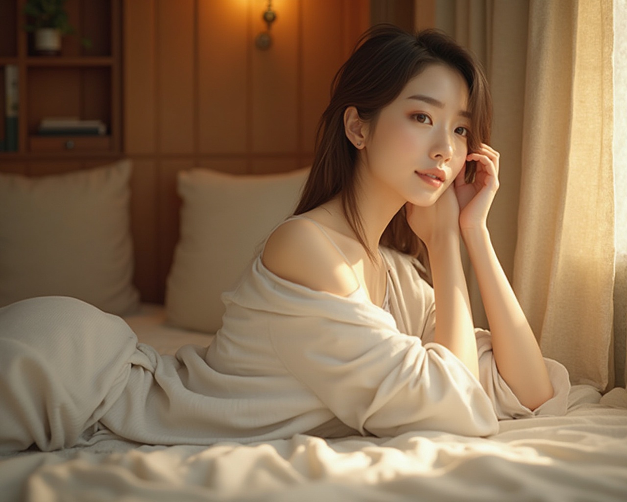 AI generated image by FLUX-Realism-Lora: "A Korean woman stretching lazily in a relaxed, natural pose, with a realistic and lifelike appearance. She is wearing a simple white outfit, set in a cozy, warmly lit environment. The scene features soft, diffused lighting, emphasizing intricate textures and warm tones. Rendered in ultra-high-resolution 4K, designed for photorealistic detail and vivid realism."