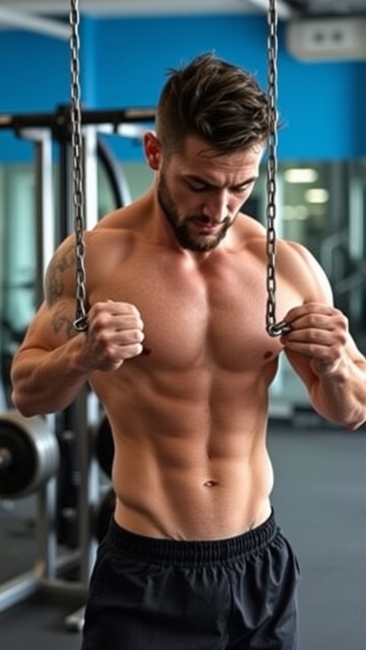 AI generated image by FLUX.1-schnell: Un hombre ejercitándose en el Gym con mancuernas