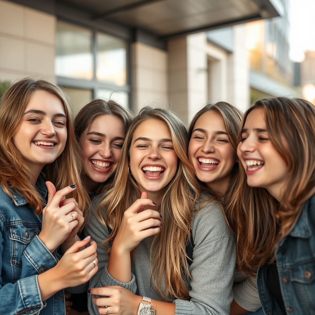 AI generated image by FLUX.1-schnell: mehrere junge frauen mit handys die lachen, das bild ist in der mitte geteilt, links sehr hübsche und mit ki geschönte biulder, rechte seite unbearbeitete nicht schöne  fotos 
