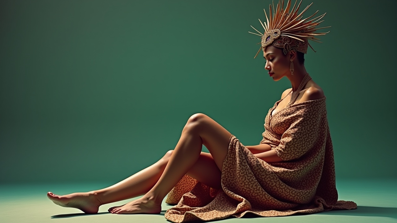 AI generated image by FLUX.1: Futuristic imaginary cinematic video, a woman wrapped in ikat cloth from East Nusa Tenggara with very detailed local texture covering her sexy body, on her head there is an art decoration, high art decoration is very detailed and very clearly visible, her legs are visible, barefoot, highlighting from toe to head, 4k