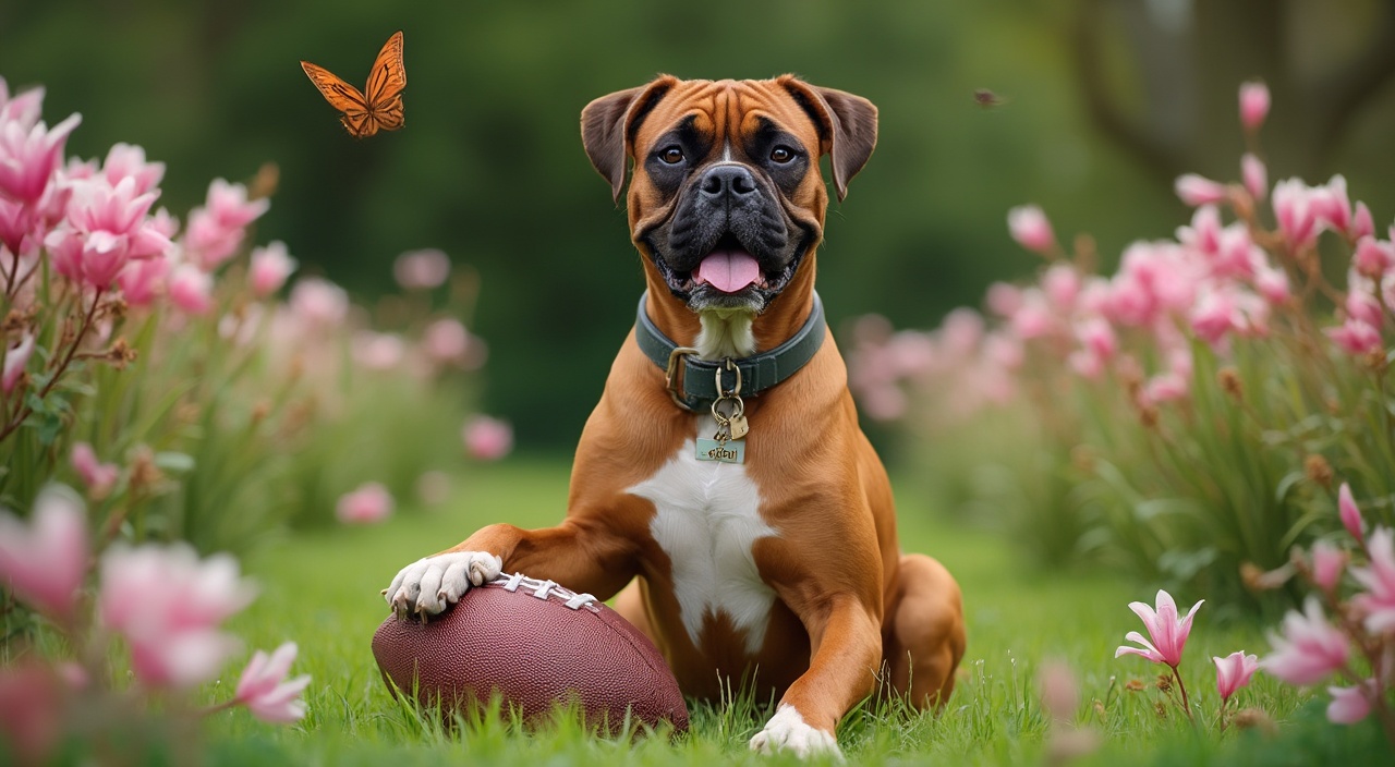 AI generated image by FLUX-Realism-Lora: A beautiful full body image of a brown boxer dog with his  name "Ajax" on it's dog tag hanging from his collar,   he is all brown with a white chest and white front paws , he sits happily in a green lush garden with  pink magnolia flowers  and  a detailed american football under it's front paw, surrounded by nature, butterflies, flowers and birds 





