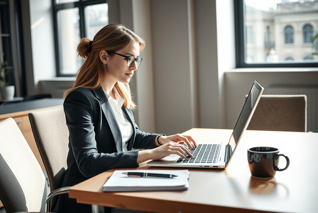 AI generated image by FLUX.1-schnell: Eine professionelle Mitarbeiterin sitzt konzentriert vor einem geöffneten Laptop in einem modernen Büroumfeld. Sie trägt Businesskleidung und tippt auf der Tastatur, während sie auf den Bildschirm schaut. Auf dem Schreibtisch sind ein Notizbuch, ein Stift und eine Tasse Kaffee zu sehen. Das Licht fällt durch ein nahes Fenster ein und schafft eine produktive Atmosphäre. Die Szene vermittelt Professionalität, Konzentration und eine angenehme Arbeitsumgebung.