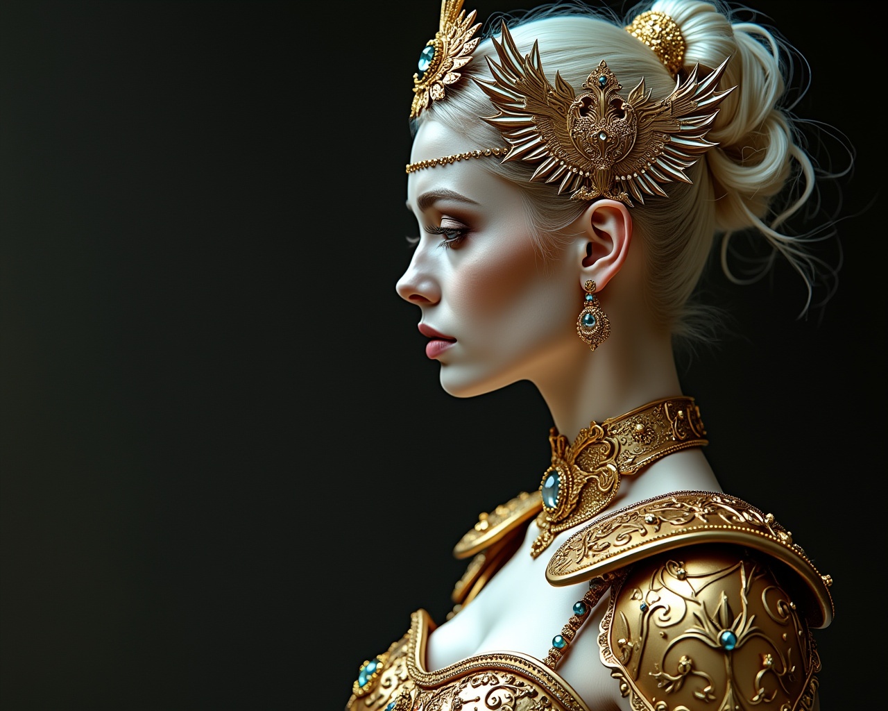 AI generated image by FLUX.1-pro:  The image depicts a valkyrie in profile, adorned in ornate golden armor and jewelry, complete with an intricate headpiece. Her pale skin is embellished with golden accents, and her hair is arranged in an elegant updo. The lighting accentuates the elaborate details of her armor and accessories, set against a dark backdrop, conjuring a majestic and theatrical ambiance.