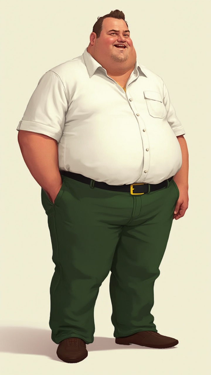 AI generated image by FLUX-Realism-Lora: tall overweight man with short brown hair wearing a short sleeve white button shirt green pants black belt with yellow buckle and brown shoes