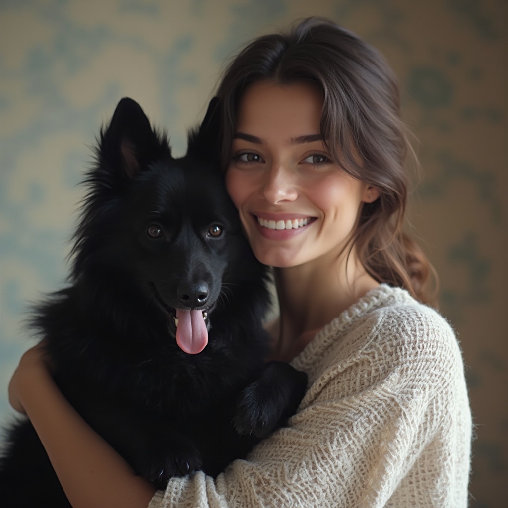 AI generated image by FLUX-Realism-Lora: Une image d'un chien de type spitz noir et beuge dont il manque les dents de devant. Il est accompagné d'une femme d'une trentaine d'année brune avec un visage fin et légèrement carré. Elle porte un bébé de 13 mois métissé asiatique avec les yeux gris foncés et peu de cheveux châtain clair bouclé