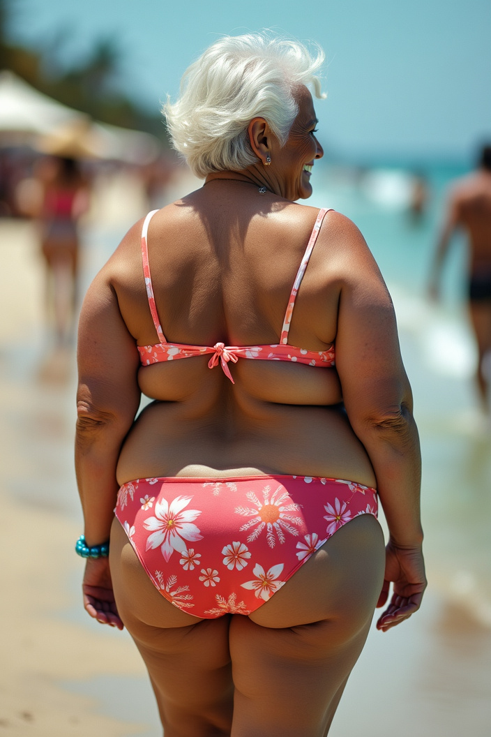 AI generated image by FLUX.1-pro: rear view, the woman's head is turned toward the viewer with a smile on her face, (Fat Gigantic Breasts:1.9), (fat huge ass:1.6), the fat woman in the image is seen full-length, fat old beautiful 80-year-old woman with blue eyes, a woman wearing brightly colored makeup, old wrinkled face, old wrinkled body, old wrinkled legs, wearing a mini bikini swimsuit, standing on the beach, people, the sea, ultra realistic photo, film grain, Fujifilm XT3, dslr, uhd, intricate, sharp focus, soft lighting, RTX, professionally color graded, professional photography, masterpiece, ultra-detailed, high quality, best quality, 4k, 8k, RAW photo