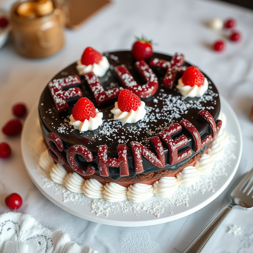 AI generated image by FLUX.1-schnell: black forest gateau cake spelling out the words "FLUX SCHNELL", tasty, food photography, dynamic shot