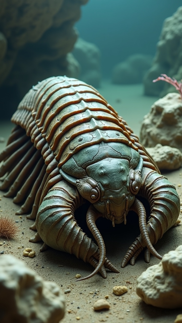 AI generated image by FLUX.1-pro: A highly realistic depiction of the trilobite Crotalocephalus in a natural, resting position within a rocky marine environment. The trilobite features prominently segmented thoracic regions with intricate details and a camouflaged coloration in earthy tones like brown, gray, and green, blending seamlessly with its surroundings. The scene is set in a Paleozoic underwater habitat with rocky outcrops, subtle organic debris, and soft, diffused underwater lighting, emphasizing the trilobite's natural posture and detailed morphology.