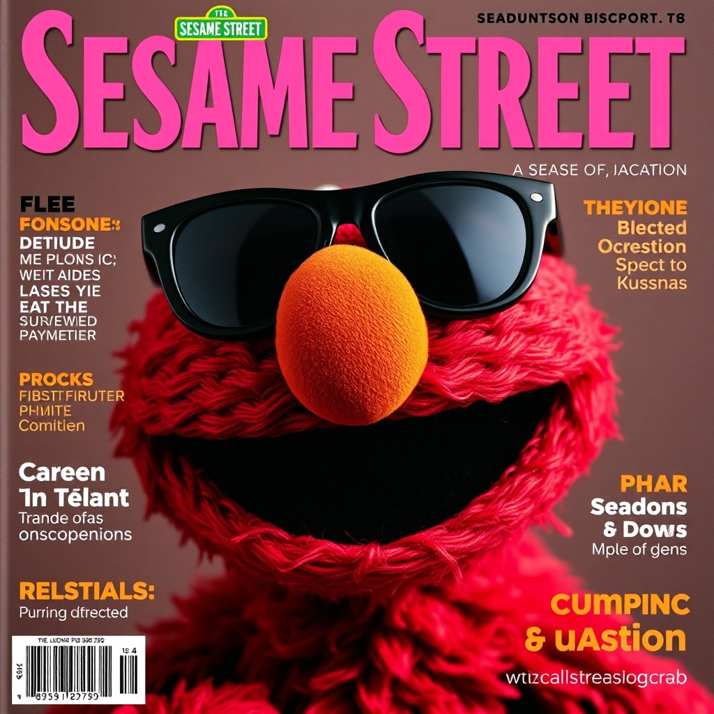 AI generated image by FLUX.1-schnell: magazine cover, portrait, Elmo from Sesame Street, looking directly to camera lenze, very cool shot, no sunglassess, no hat