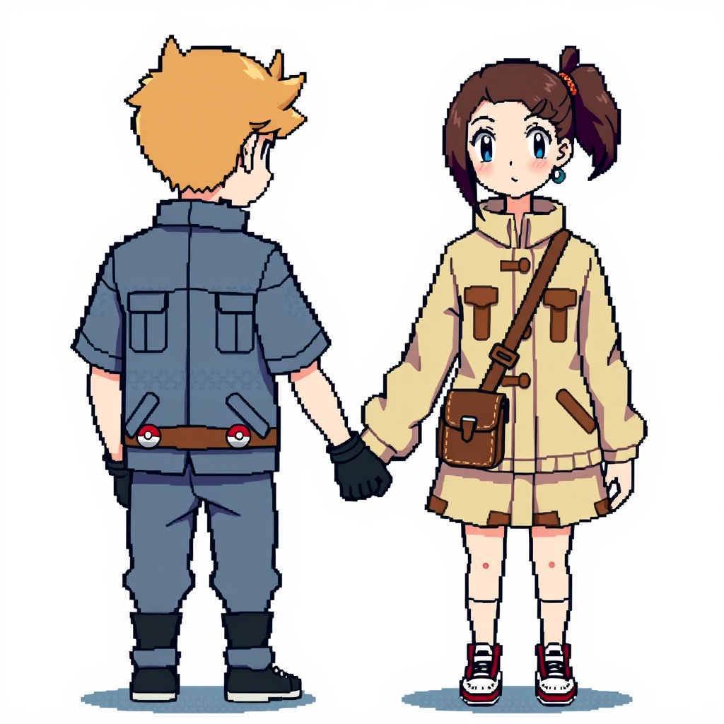 AI generated image by FLUX.1-schnell: A pixel art scene resembling the classic Pokémon Game Boy games. A couple stands hand in hand, facing forward. The boy has light brown hair styled in a simple pixelated fashion and wears a trainer outfit reminiscent of early Pokémon games: a short-sleeved jacket with visible pixelated patterns, gloves, and a belt holding small pokéballs. The girl has darker brown hair, styled in a pixel-perfect side ponytail, and wears a similar trainer outfit with a slightly feminine touch, including a pixelated satchel and bold accents on her jacket. Their designs mimic the chibi proportions and iconic sprite style of Game Boy-era Pokémon characters, with oversized heads and simplified body details.  

A pixel art scene inspired by classic Pokémon Game Boy games. A couple stands hand in hand, facing forward. The boy has light brown hair and wears a trainer outfit with a jacket, gloves, and a belt holding pokéballs. The girl has darker brown hair in a side ponytail and wears a matching trainer outfit with a satchel. Both have the chibi proportions and simple sprite details of Game Boy characters.  

The background shows a vibrant pixelated seaside sunset with orange and purple hues, and waves gently touching the shore, all in a nostalgic retro gaming style. 