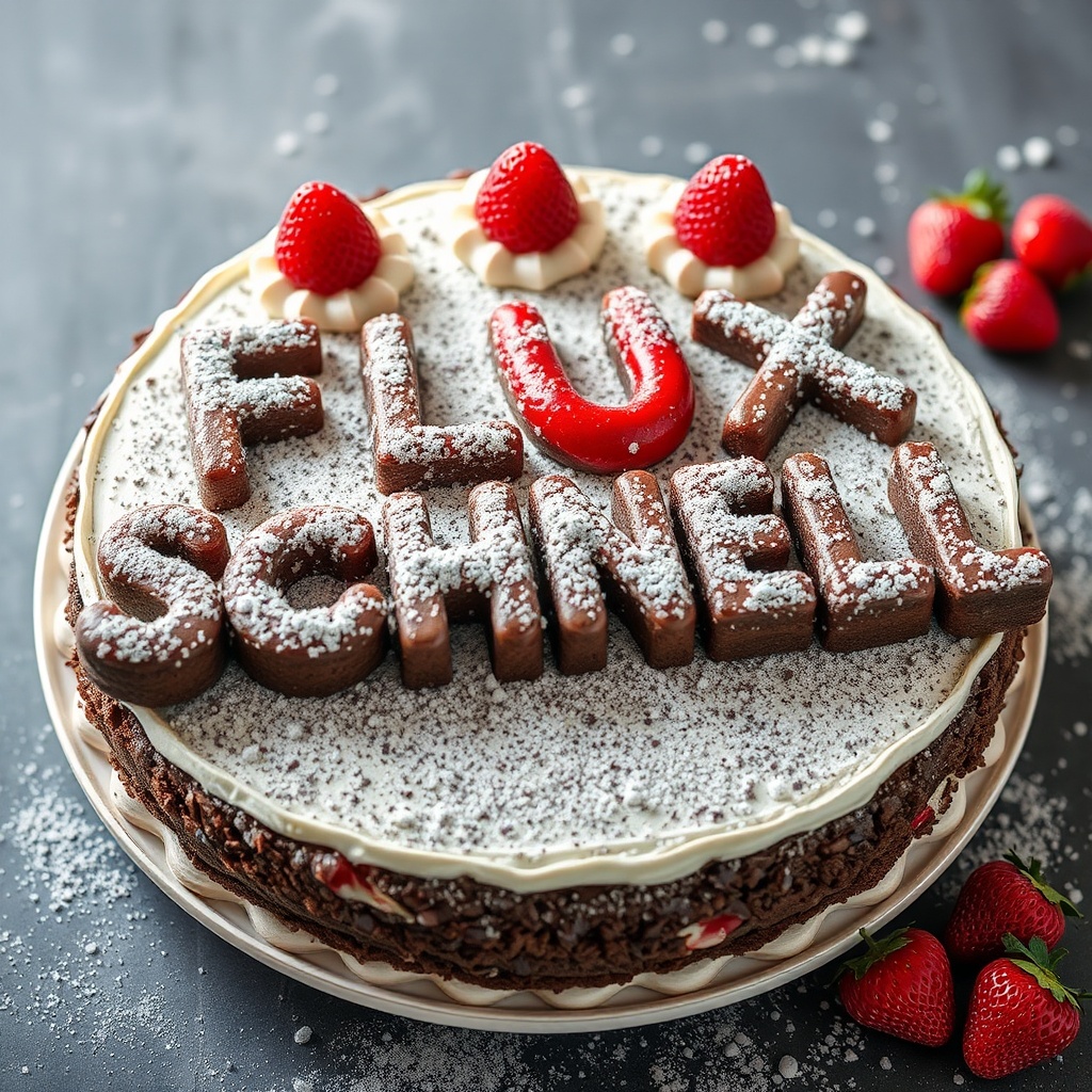 AI generated image by FLUX.1-schnell: black forest gateau cake spelling out the words "FLUX SCHNELL", tasty, food photography, dynamic shot