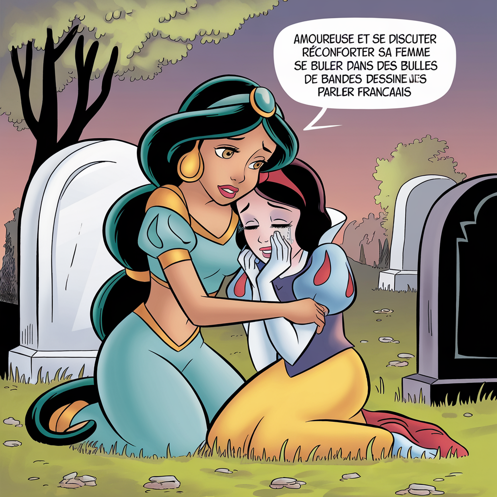 AI generated image by ideogram 2.0: Lesbians princesse jasmine happy hug hands the heade princesse snow white very crying Wail hug the arms princesse jasmine cemetery funeral amoureuse et se discuter réconforter sa femme se parler dans des bulles de bandes dessinées française parler française 