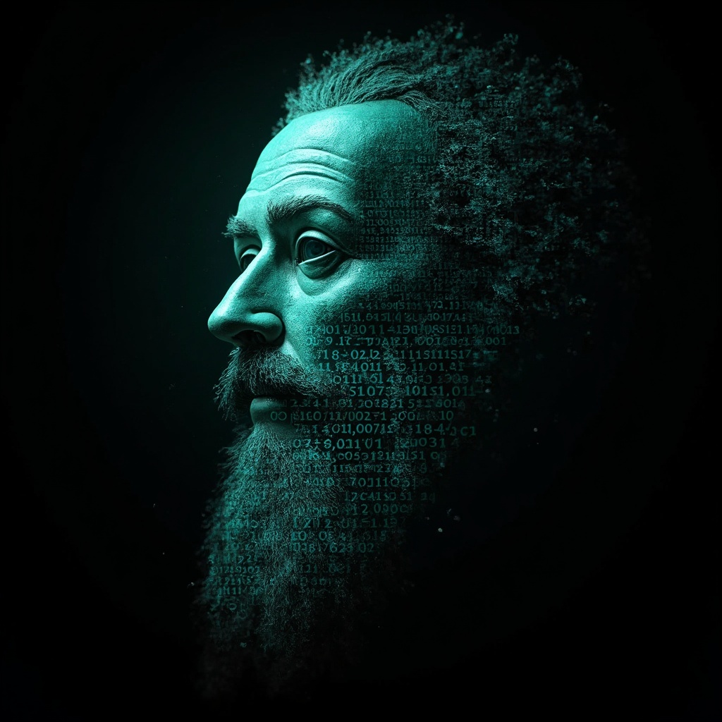 AI generated image by FLUX-Realism-Lora: Leonardo DaVinci's face as a digital mask made from thousands of turquoise numbers and formulas forming his face. the formulas and numbers fly behind the mask leaving a trail of complexity. the mask is floating dynamically in mid air. his head is turned to the right but his eyes are looking directly into the camera. the mask is on a black background.  like a png with black only background. photo realistic, sci-fy