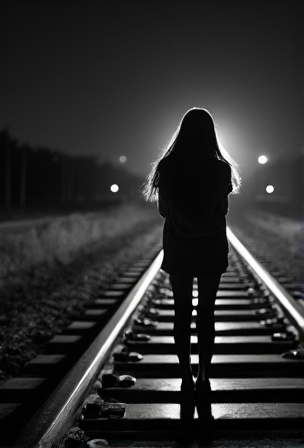 AI generated image by FLUX.1-image-to-image: A black-and-white central compositioned closeup photo at night. The silhouette of a woman's legs stands with her back to the camera on railroad tracks, facing the background. A spotlight from the background shines between her legs. dramatic backlit lighting