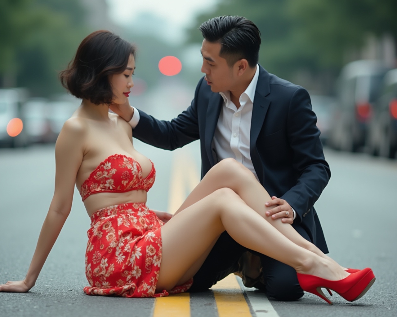 AI generated image by FLUX-Realism-Lora: A four-meter-tall Asian woman is sitting on the road with her legs crossed and stretched forward. She is wearing a red floral short skirt, short hair, and red high heels, revealing her cleavage. A man is standing next to her. He's wearing suits, but very short, he can only reach the woman's breasts even when he stands straight. he's  stroking the woman's thigh. The woman is enjoying it.