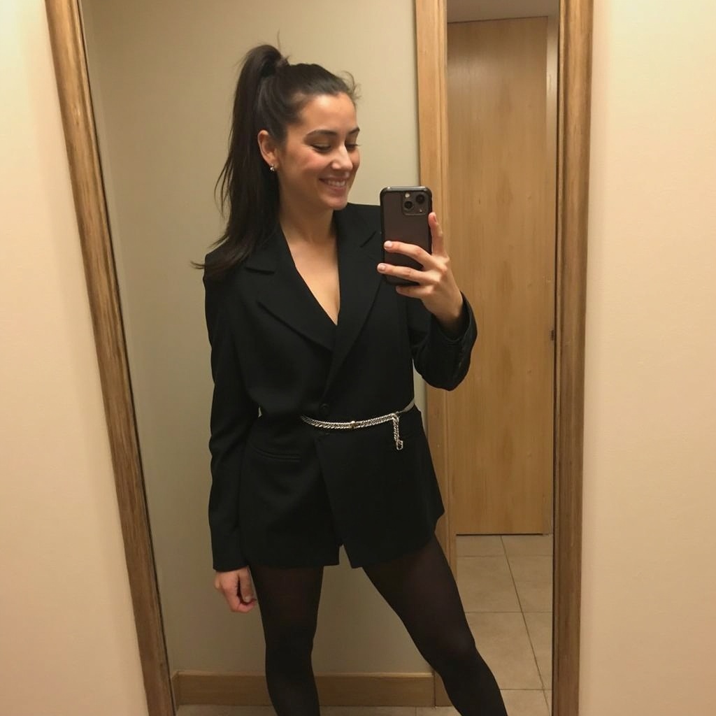 AI generated image by FLUX-Realism-Lora: A woman with dark brown hair pulled back in a high ponytail is taking a selfie in a mirror. She is wearing a black blazer with a silver chain belt, black tights, and black platform heels. She is standing in front of a beige wall with a light wood trim. The mirror is framed in gold. The woman is smiling and looking at the camera.