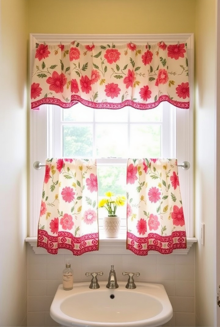 AI generated image by FLUX.1-schnell: a bathroom window with cheery cafe curtains covering only the lower half of the window. place a valance at the top of the window frame