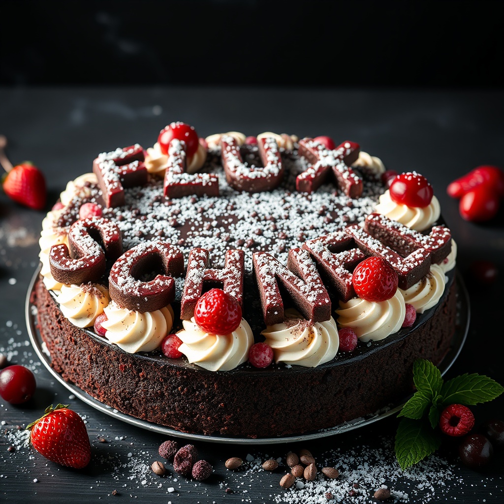 AI generated image by FLUX.1-schnell: black forest gateau cake spelling out the words "FLUX SCHNELL", tasty, food photography, dynamic shot
