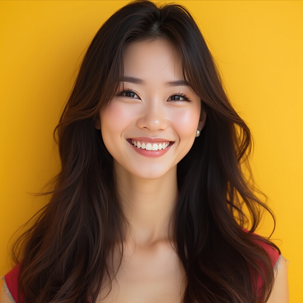 AI generated image by FLUX-Realism-Lora: An Asian female model, long brown hair, real shooting, smiling to the camera, showing a natural expression, commercial shooting style, the overall bias towards bright colors, simple background